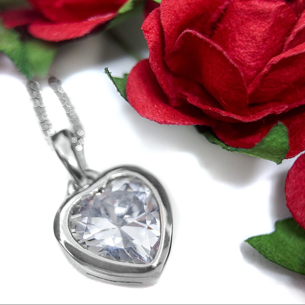 Sterling Silver Heart Solitaire Necklace - Crystal